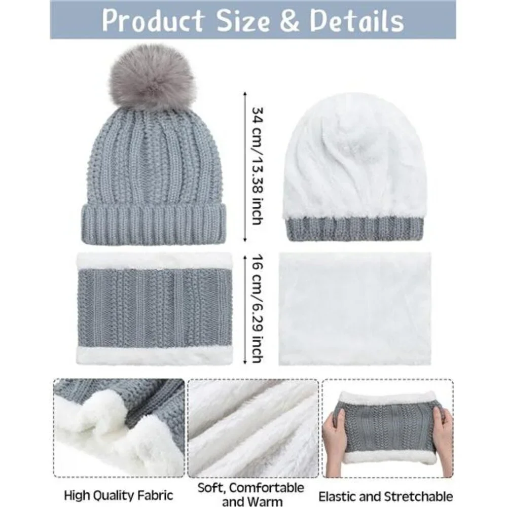 5 Pieces Women Winter Warm Set Knit Beanie Hat Scarf Touchscreen Gloves